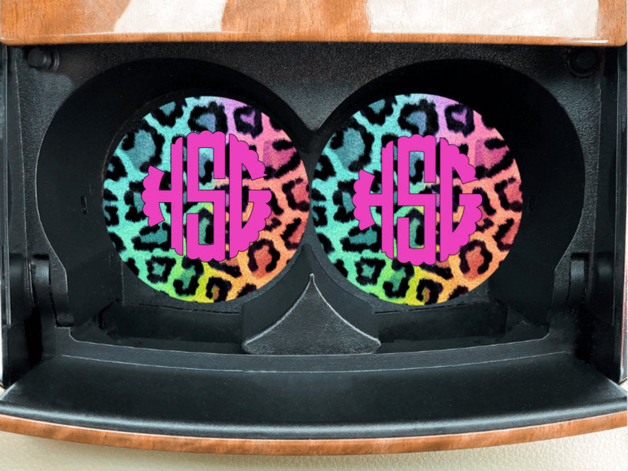Rainbow Leopard Monogram Car Coaster