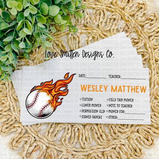Baseball Fire Personalized School Envelope