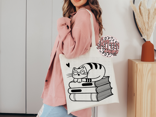 Cat & Books Tote Bag