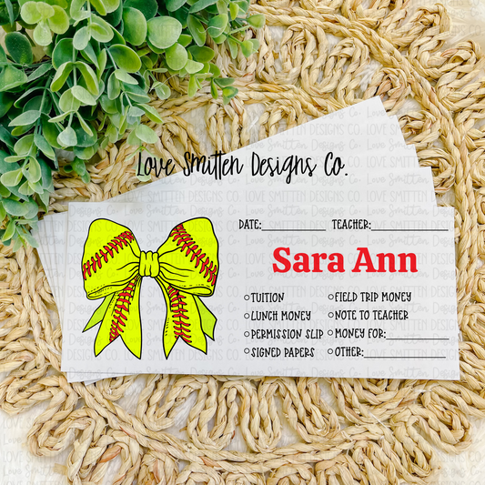 Softball Bow Personalized School Envelope