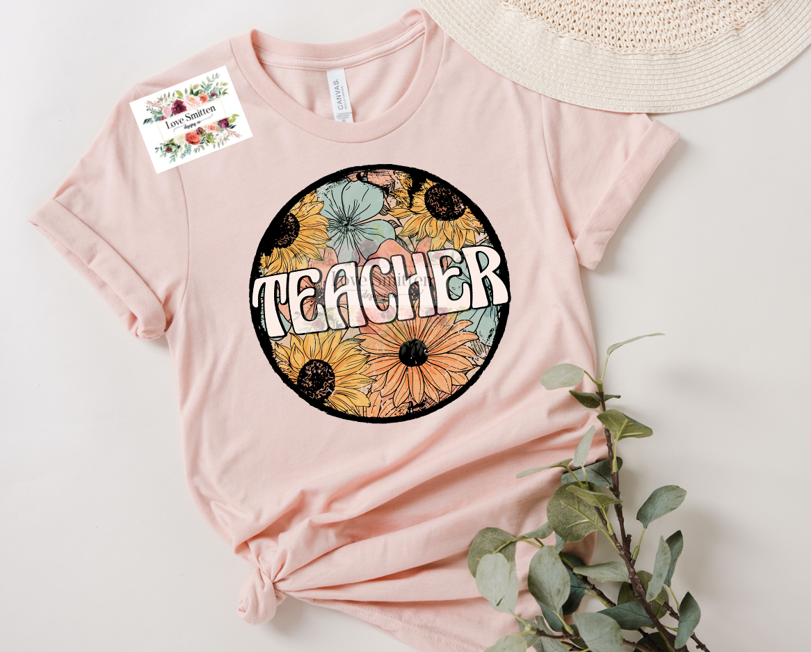 Round Retro Floral Teacher Tee