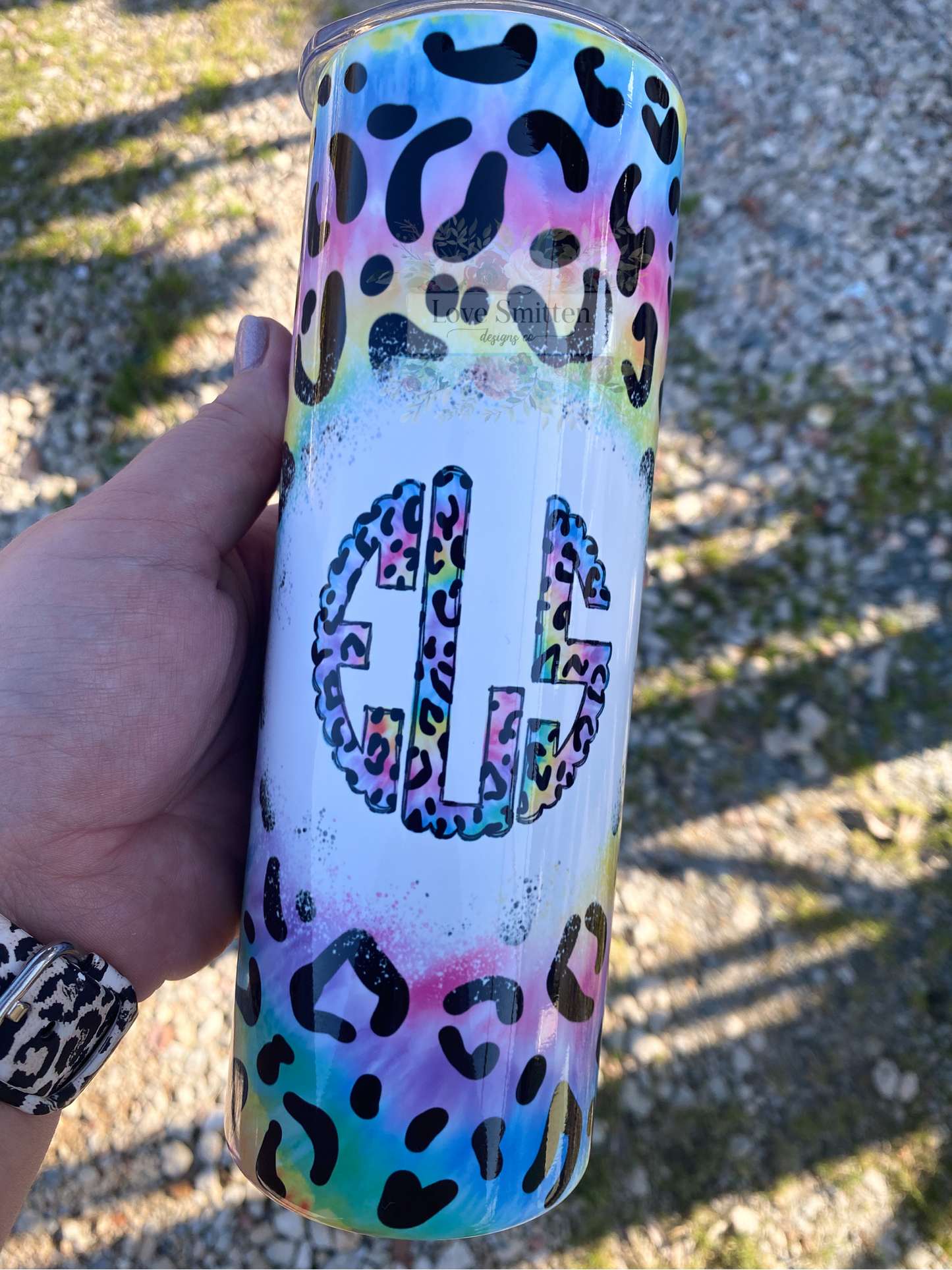 Rainbow Leopard Print Monogram Tumbler